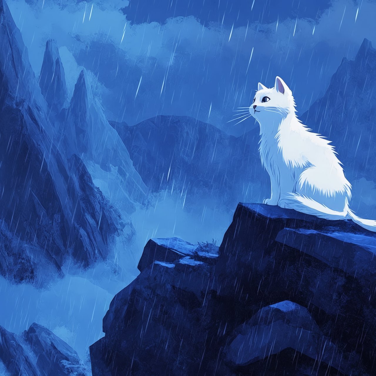 White cat at night in the rain - Wallpapers for Lenovo, Huawei in 1280x1280 resolution