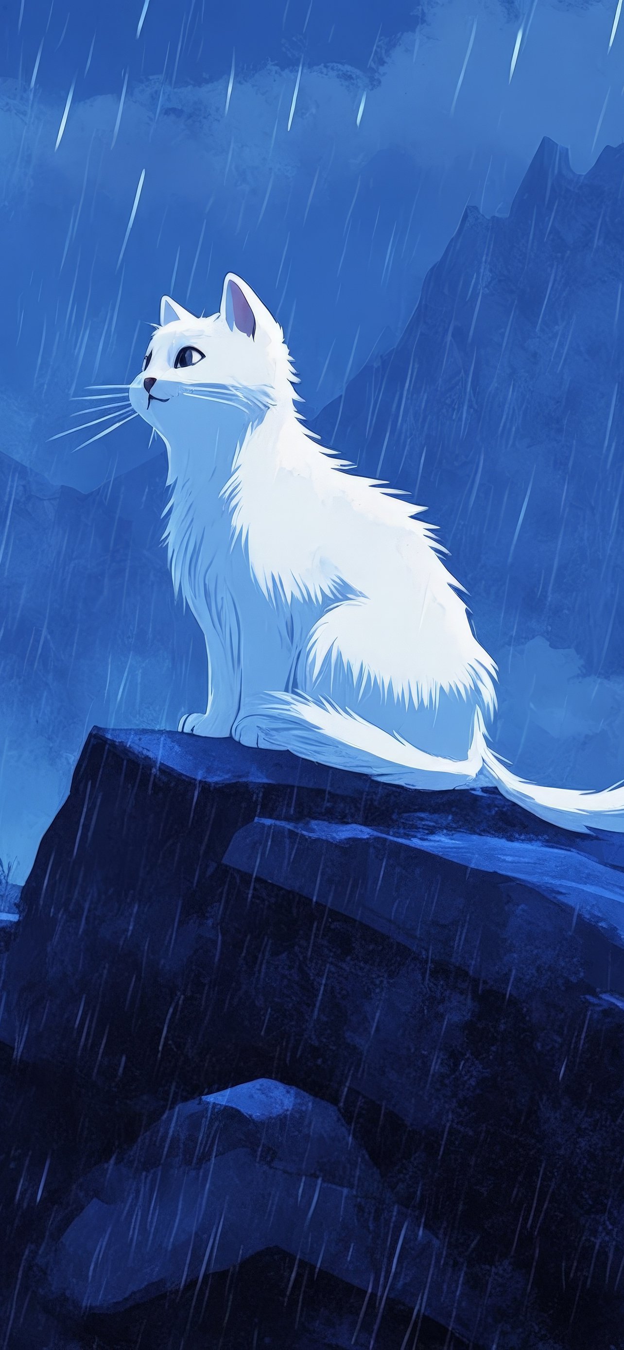White cat at night in the rain - Wallpapers for iPhone 13 Pro Max/12 Pro Max/14 Plus in 1284x2778 resolution