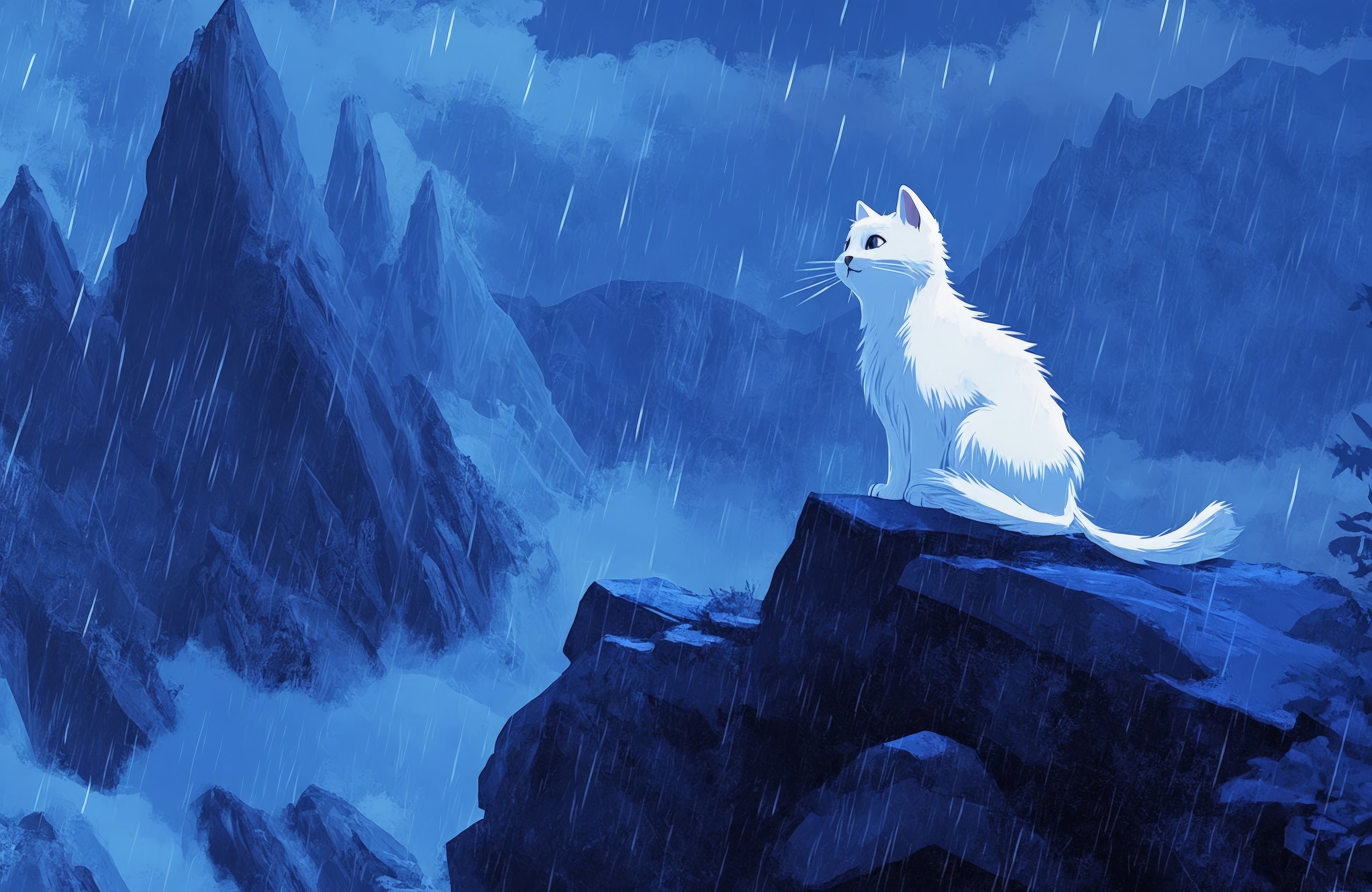 White cat at night in the rain - Wallpapers for Apple MacBook Air 13 M2″ in 2560x1664 resolution
