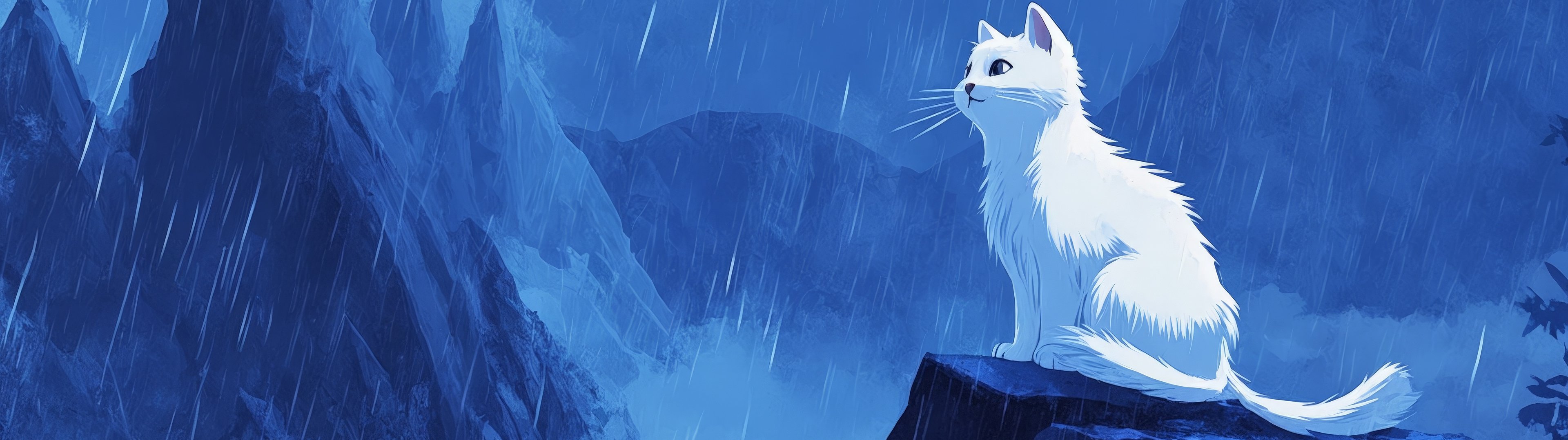 White cat at night in the rain - UltraWide 32:9 wallpapers in 3840x1080 resolution