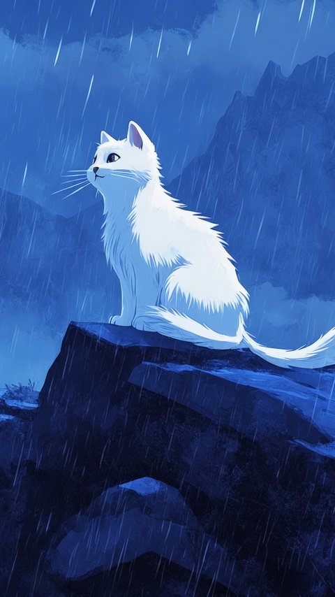 White cat at night in the rain - Wallpapers for LG/ASUS in 480x854 resolution