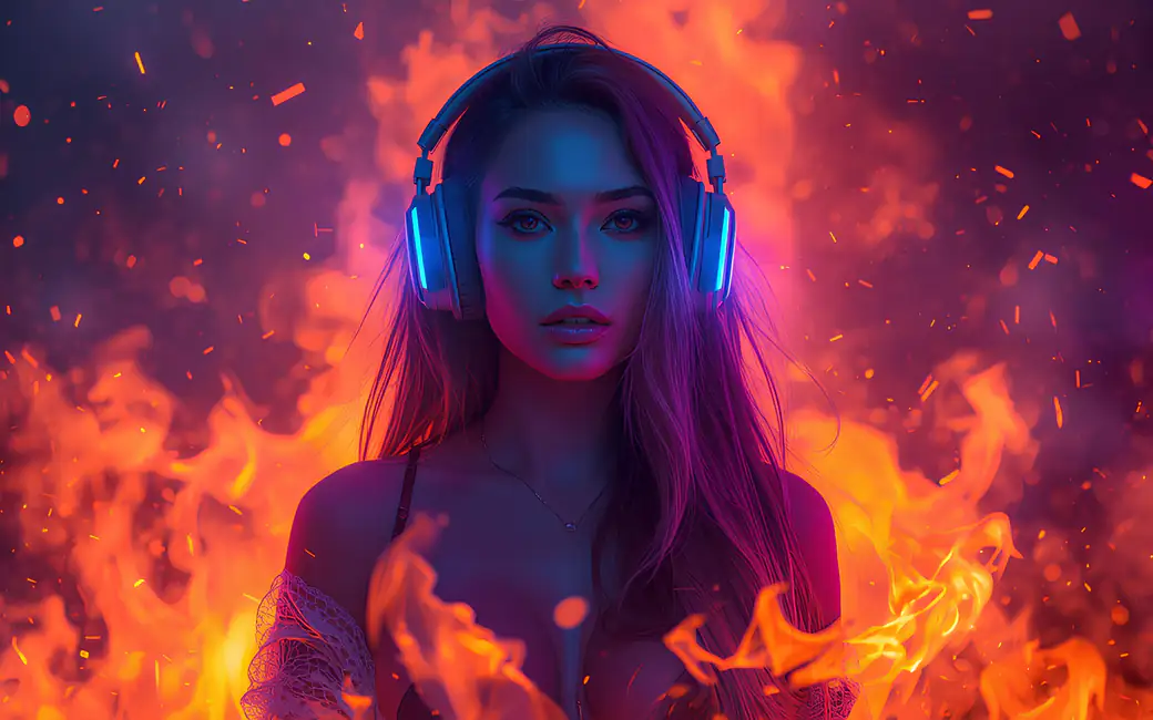 Woman with headphones surrounded by fire — desktop and phone wallpaper, free download