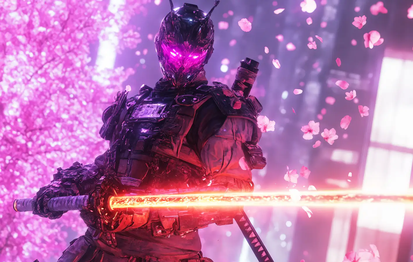 Cyberpunk ninja with a burning katana — desktop and phone wallpaper, free download
