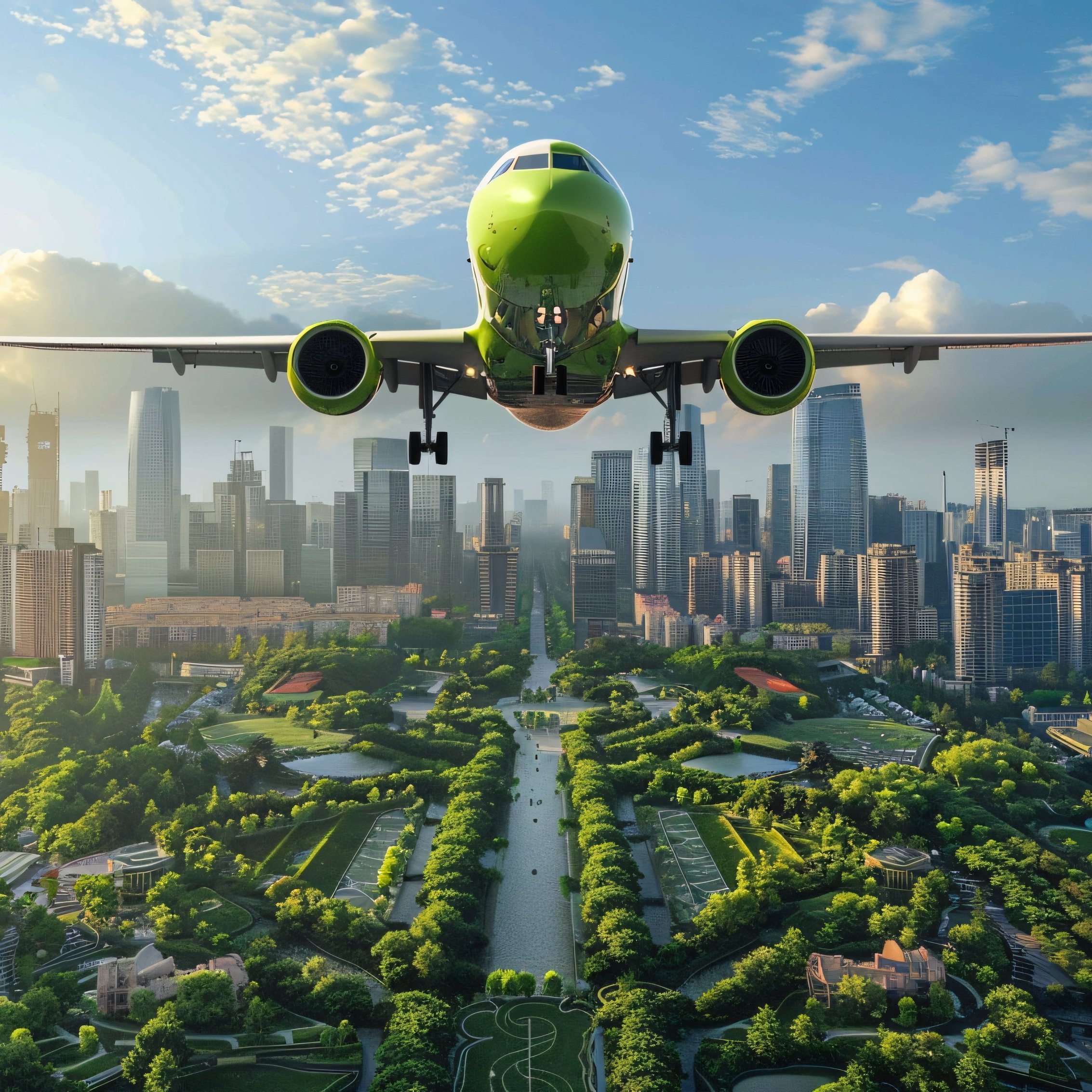 Green plane over a green city - Wallpapers for iPad mini 8.3″ in 2266x2266 resolution