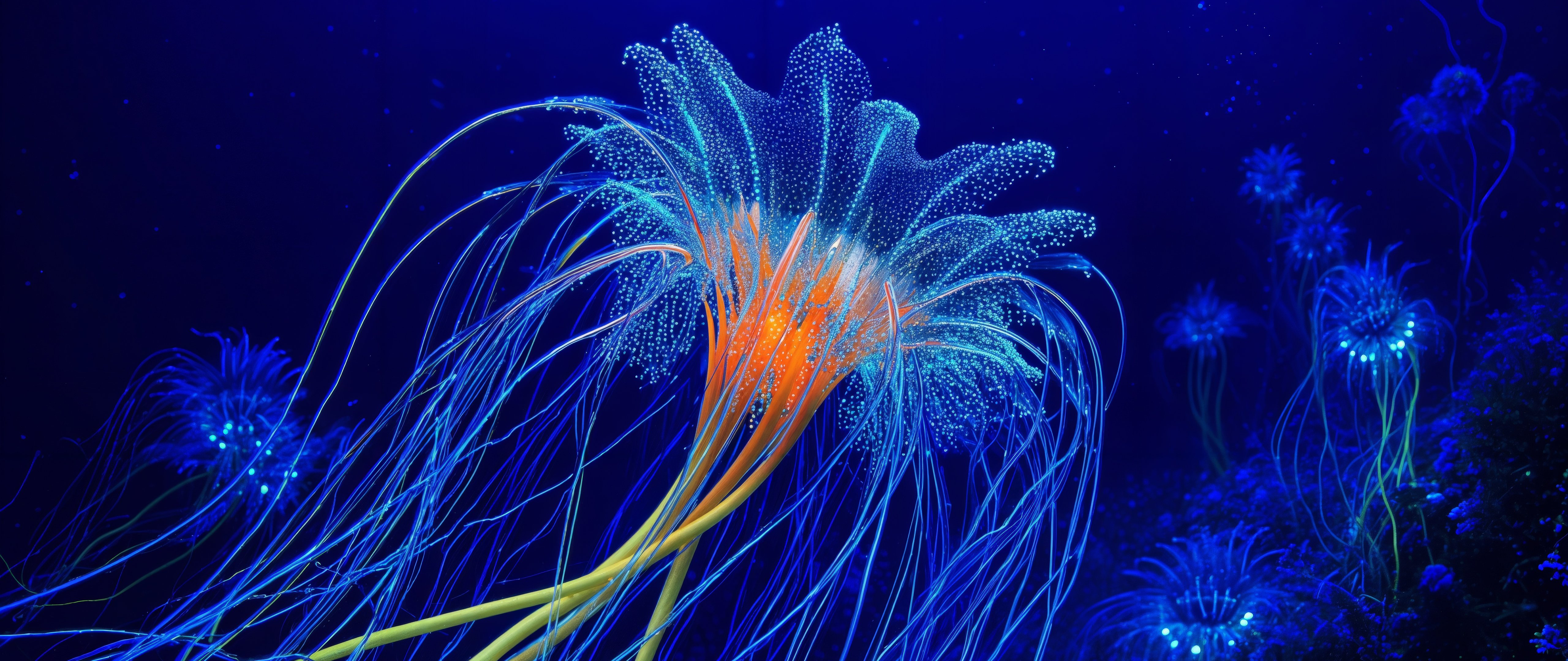 Bioluminescent jellyfish with tentacles - 5K2K UltraWide 21:9 wallpapers in 5120x2160 resolution
