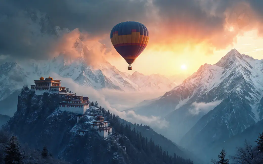 Hot air balloon floating over mountain monastery — desktop and phone wallpaper, free download