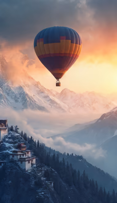 Nature wallpapers: aerostat, mountains, monastery, sunset