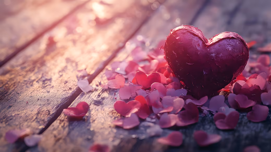 Pink heart and petals — desktop and phone wallpaper, free download