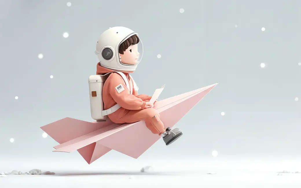 Child astronaut riding paper airplane — desktop and phone wallpaper, free download