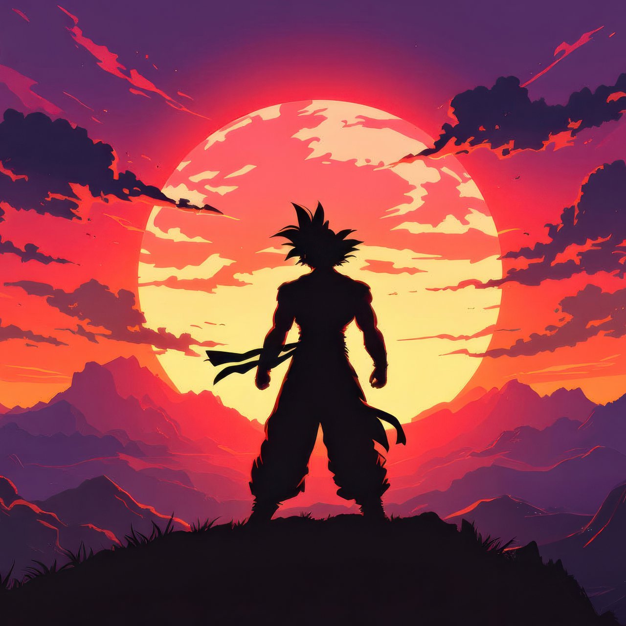 Son Goku standing with sunset background - Wallpapers for Lenovo, Huawei in 1280x1280 resolution
