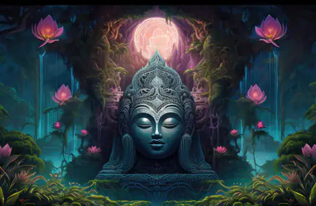 Dual Monitor Wallpapers moss (7680x2160): India, temple, statue, lotus