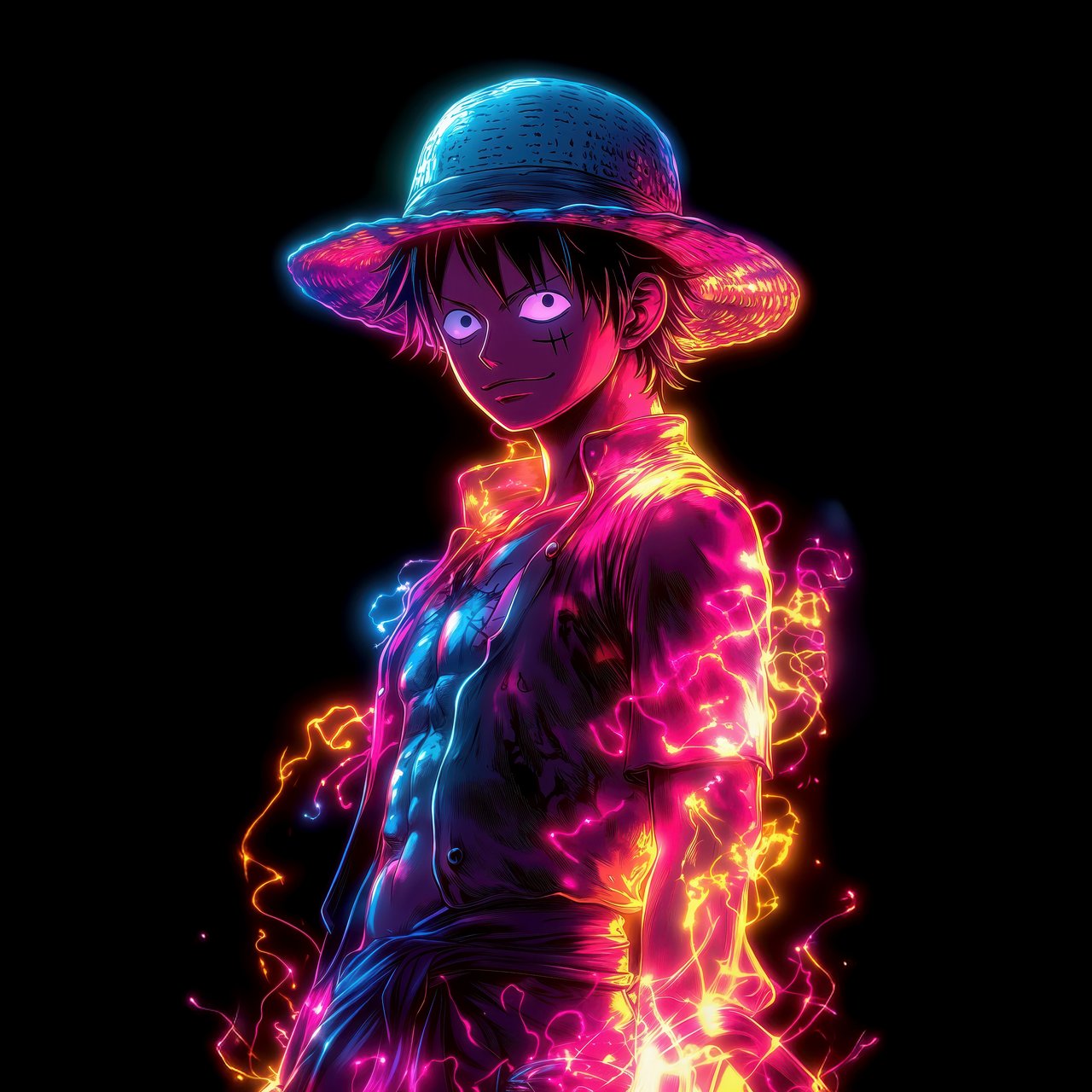 Monkey D. Luffy in neon light - Wallpapers for Lenovo, Huawei in 1280x1280 resolution