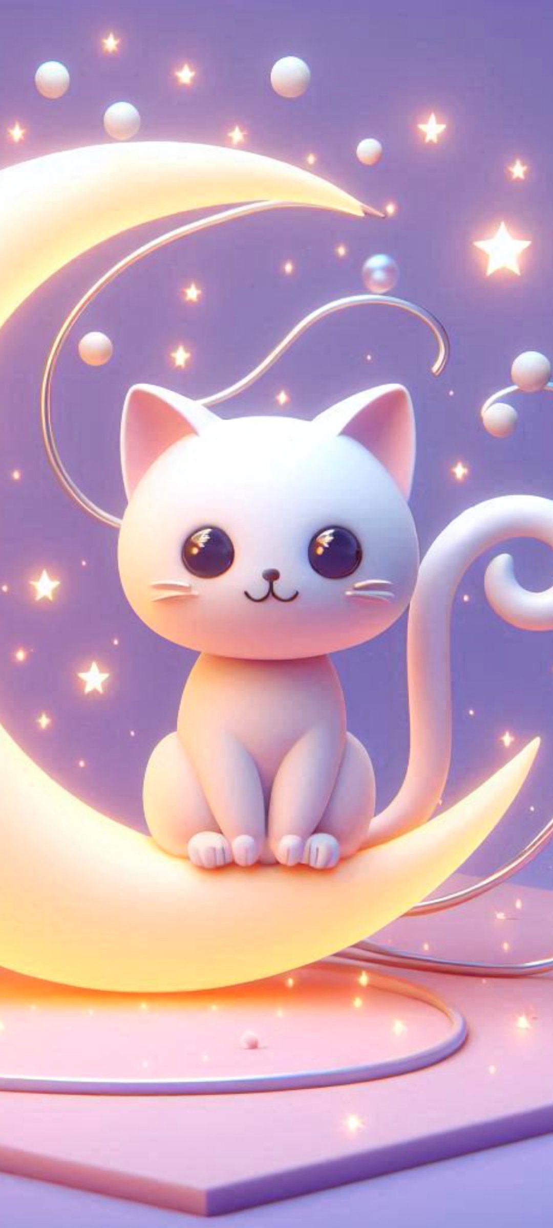 Cute kitten sitting on glowing crescent moon - Wallpapers for Samsung Galaxy M55, POCO M4/X4/X5, Xiaomi Redmi 12/13/Note 13/Note 14/Note 14S in 1080x2400 resolution
