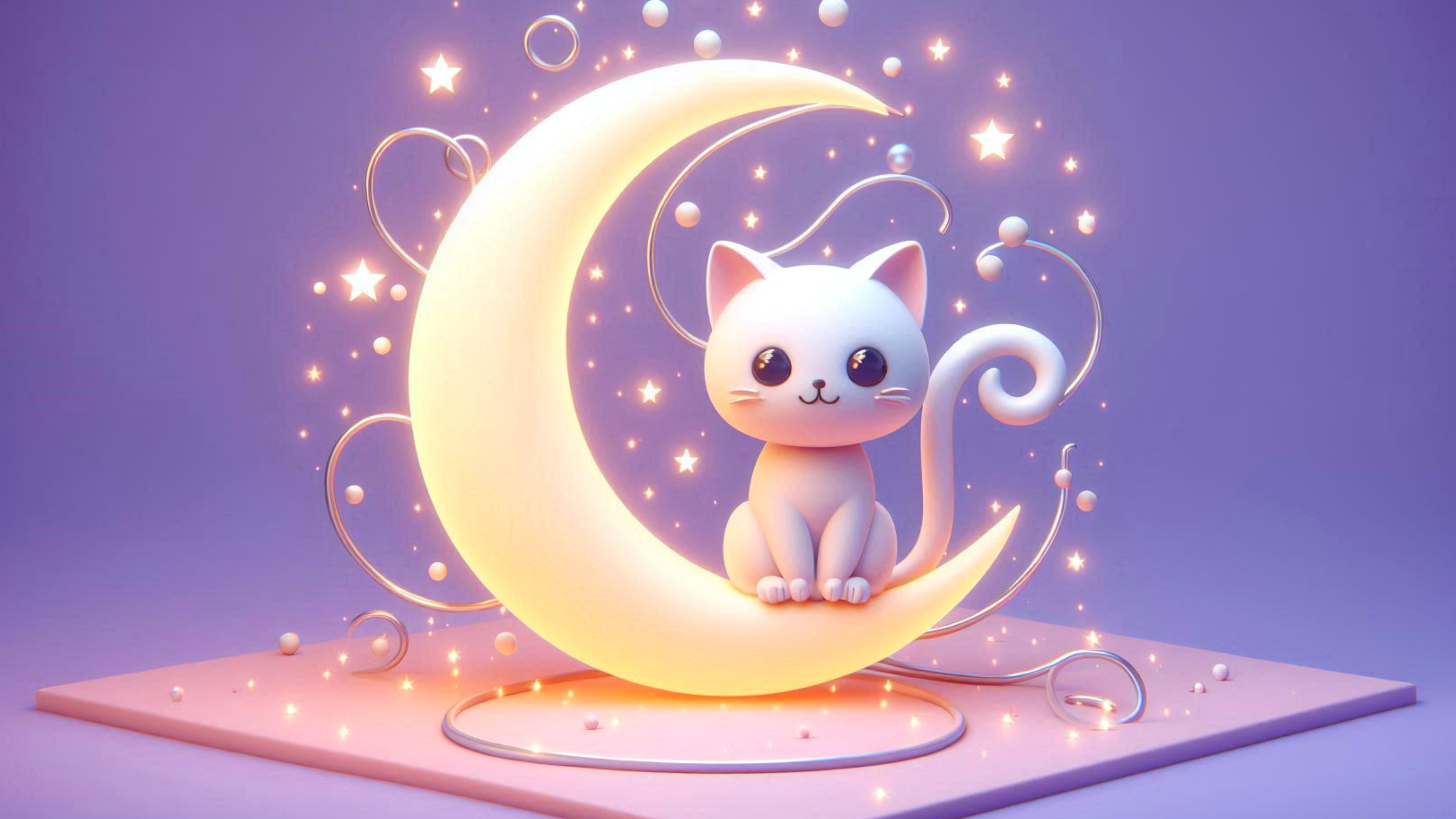 Cute kitten sitting on glowing crescent moon - 5K wallpapers in 5120x2880 resolution