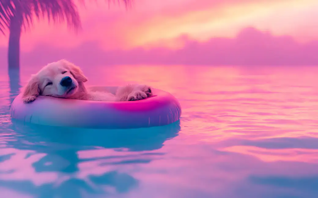 Golden retriever relaxing on pool float — desktop and phone wallpaper, free download