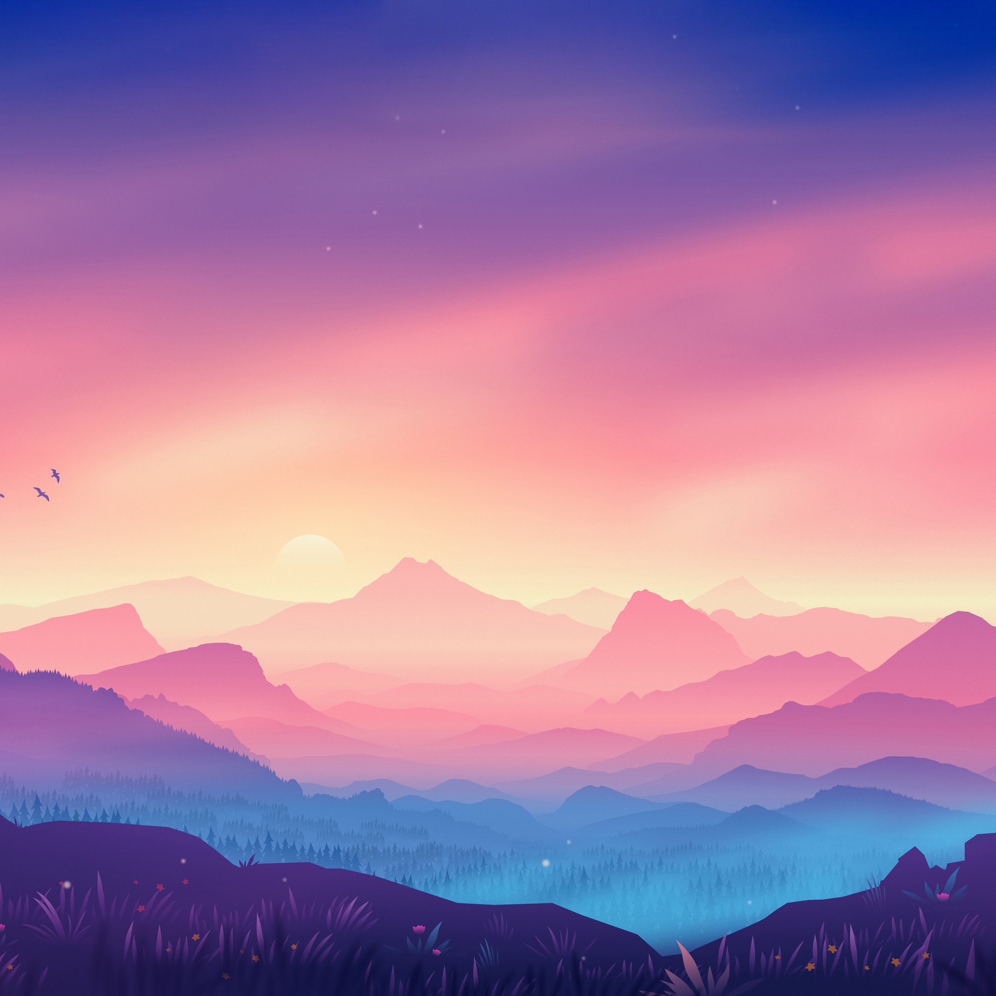 Sunset over layered valley and distant mountains - Wallpapers for Samsung/Xiaomi in 2000x2000 resolution