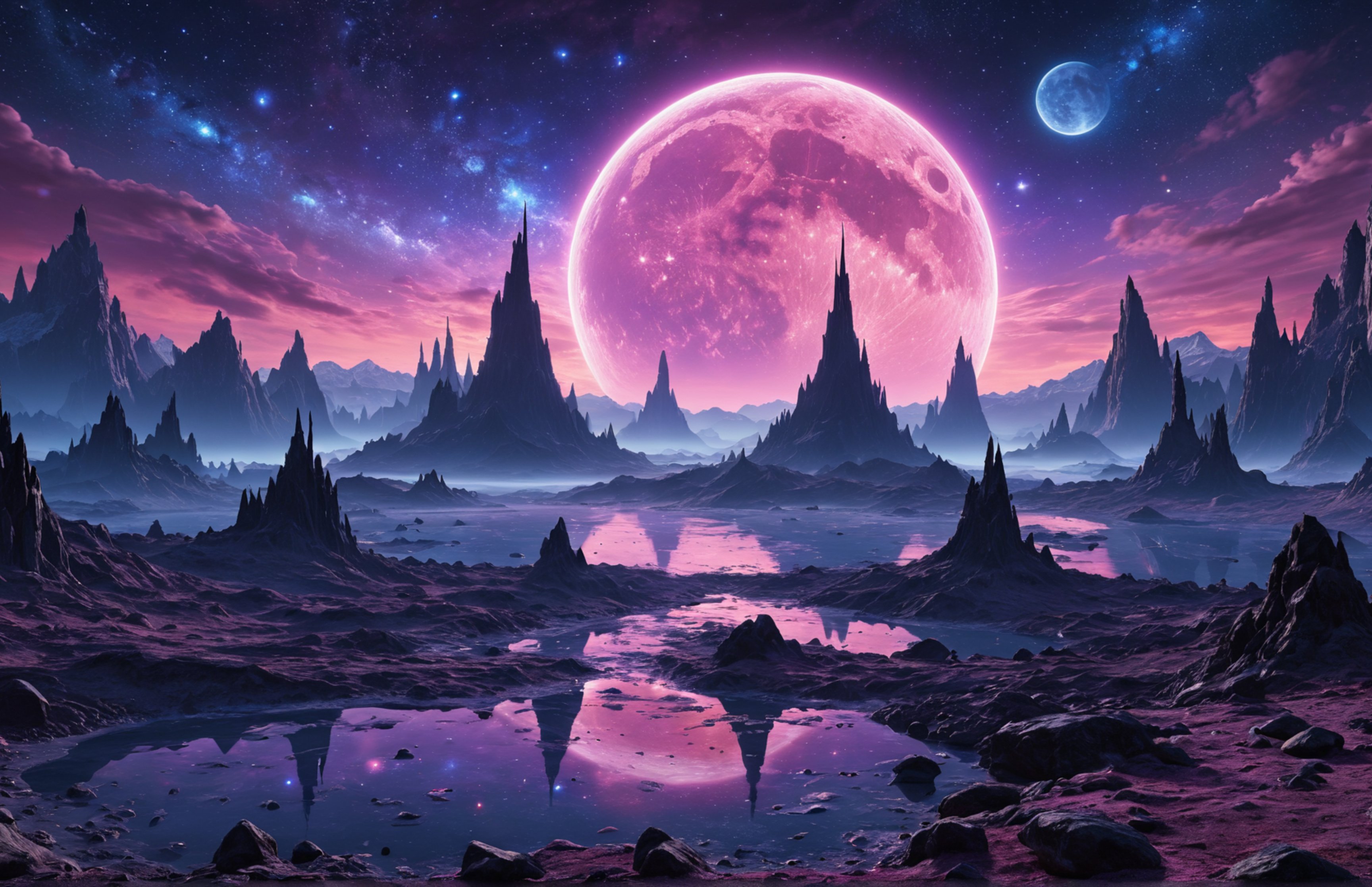 Alien landscape with two moons - Wallpapers for Apple MacBook 16.2″ in 3456x2234 resolution