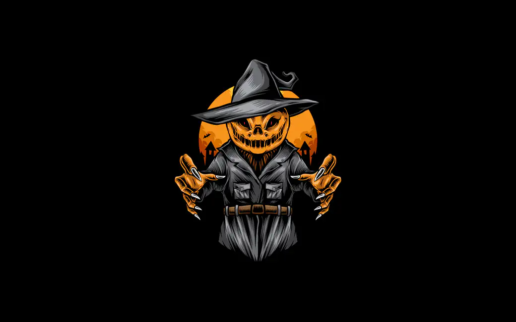 Scarecrow with pumpkin head and witch hat — desktop and phone wallpaper, free download