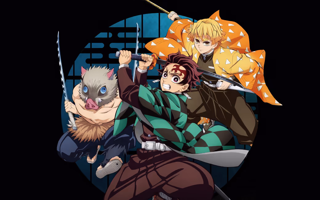 The three main characters from the Demon Slayer — desktop and phone wallpaper, free download