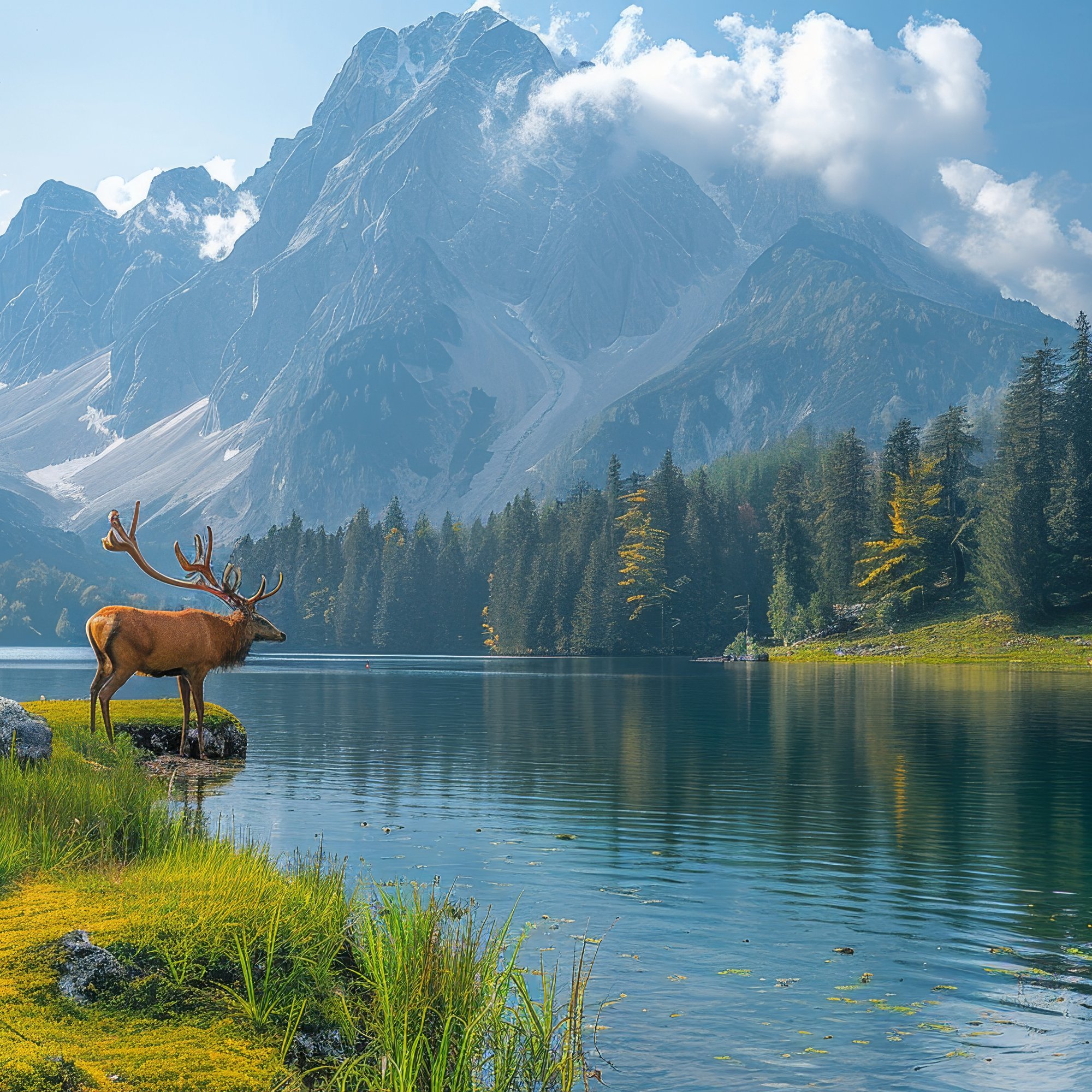 Deer by mountain lake shore - Wallpapers for Samsung/Xiaomi in 2000x2000 resolution