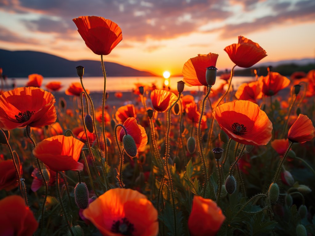 Sunset Over Vibrant Red Poppy Field - XVGA wallpapers in 1024x768 resolution