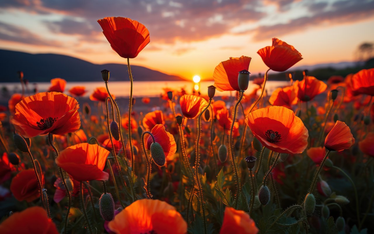 Sunset Over Vibrant Red Poppy Field - WXGA_1280 wallpapers in 1280x800 resolution
