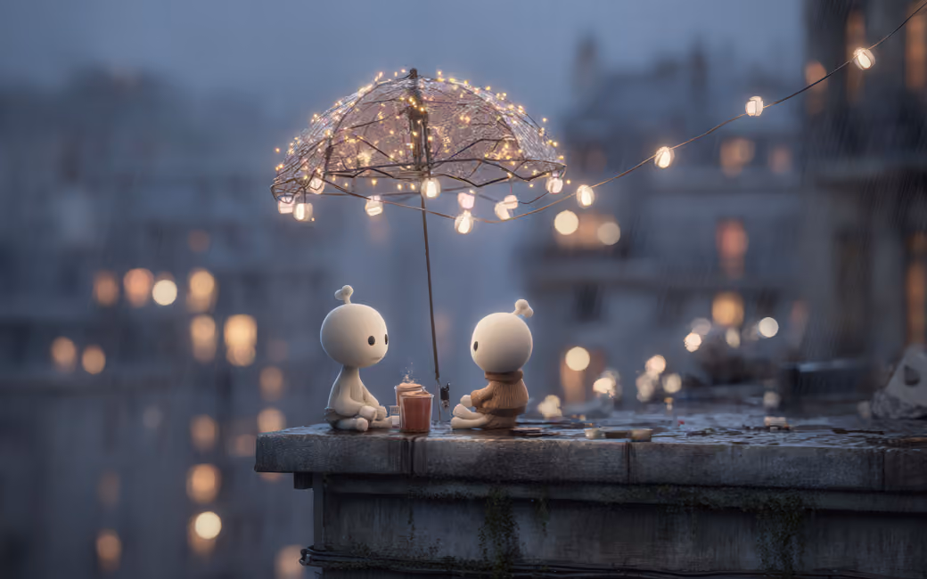 Two friends under an umbrella — desktop and phone wallpaper, free download