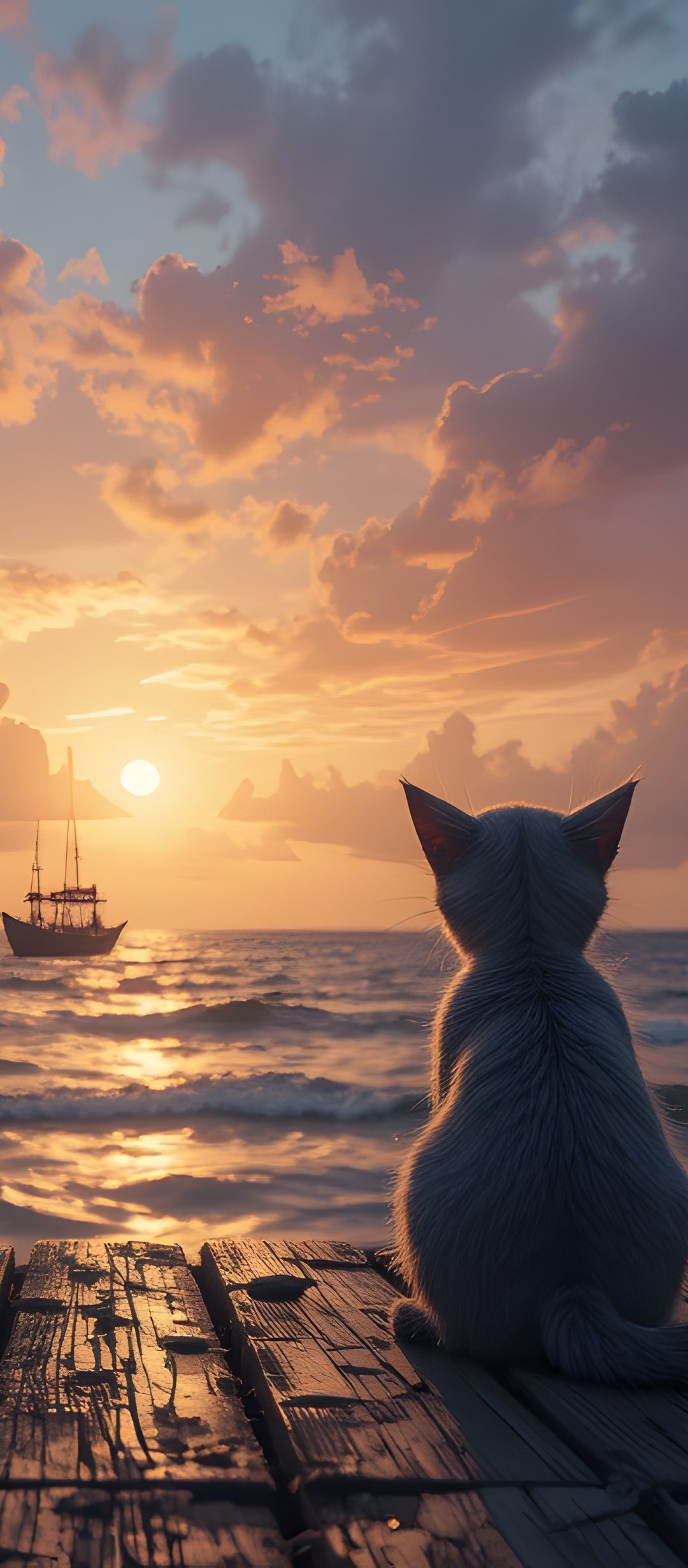 Lonely cat watching ship sailing at sunset - Wallpapers for TECNO/Infinix in 1080x2460 resolution