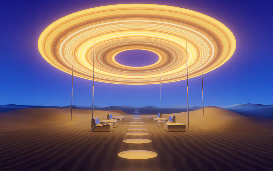 Futuristic installation in the desert — desktop and phone wallpaper, free download