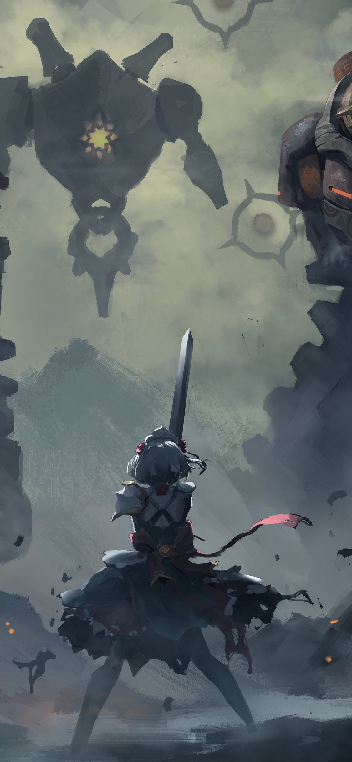 Noelle from Genshin Impact facing robots - Wallpapers for iPhone X/XS/11 Pro in 1125x2436 resolution