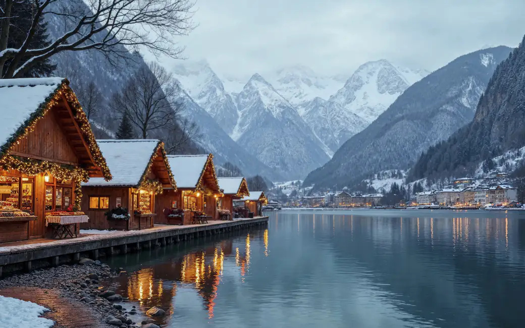 Cozy winter village by the lake — desktop and phone wallpaper, free download