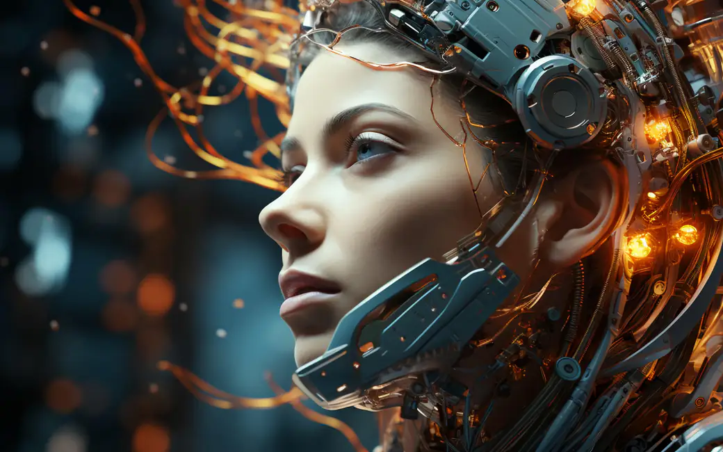 Woman with cyber implants on her face — desktop and phone wallpaper, free download