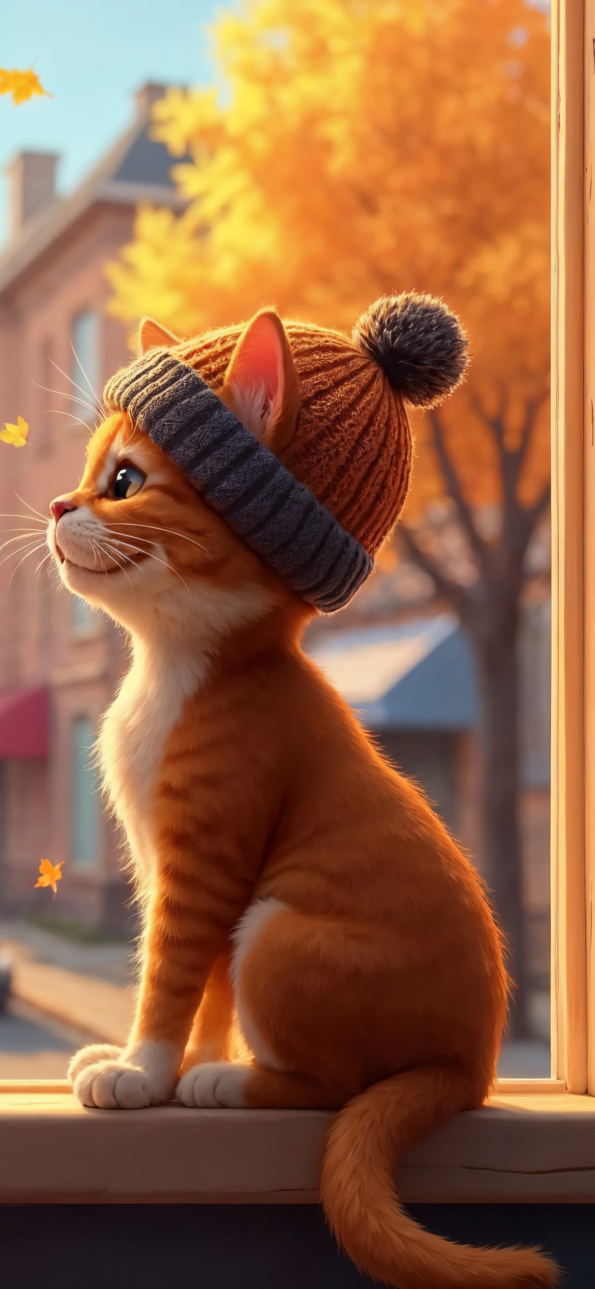 Kitten wearing a hat in autumn - Wallpapers for iPhone 12 Pro/13 Pro/14 in 1170x2532 resolution