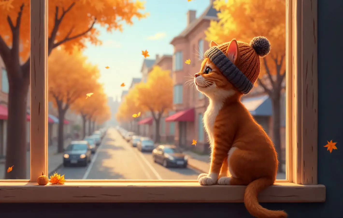 Kitten wearing a hat in autumn — desktop and phone wallpaper, free download