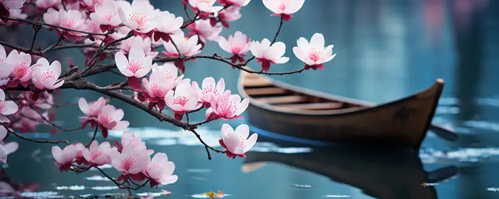 Nature wallpapers: cherry blossoms, sakura, lake, canoe