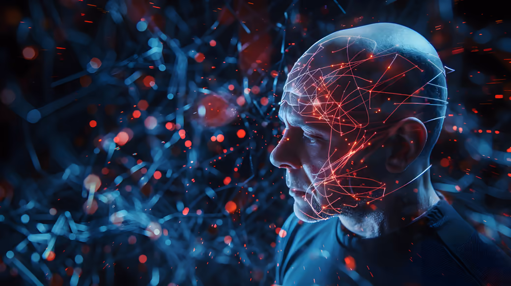 Human in a cyberpunk network — desktop and phone wallpaper, free download