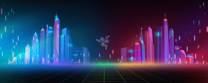 Обои технологии: Razer, логотип, неон, небоскрёбы