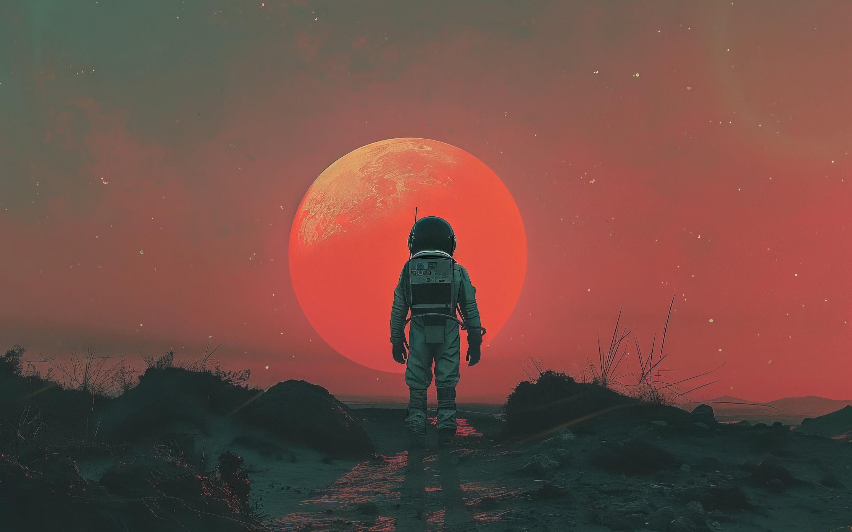 Astronaut facing large red planet - Wallpapers for Apple MacBook 15″ in 2880x1800 resolution