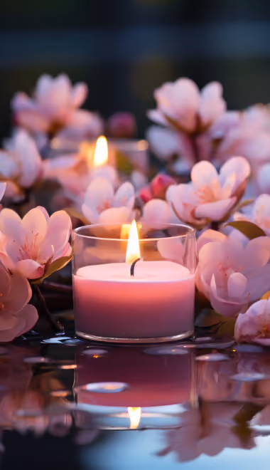 Serenity Wallpapers for Sony Xperia 1/Xperia 1 III/Xperia PRO-I (1644x3840): candles, cherry blossoms, petals, sakura