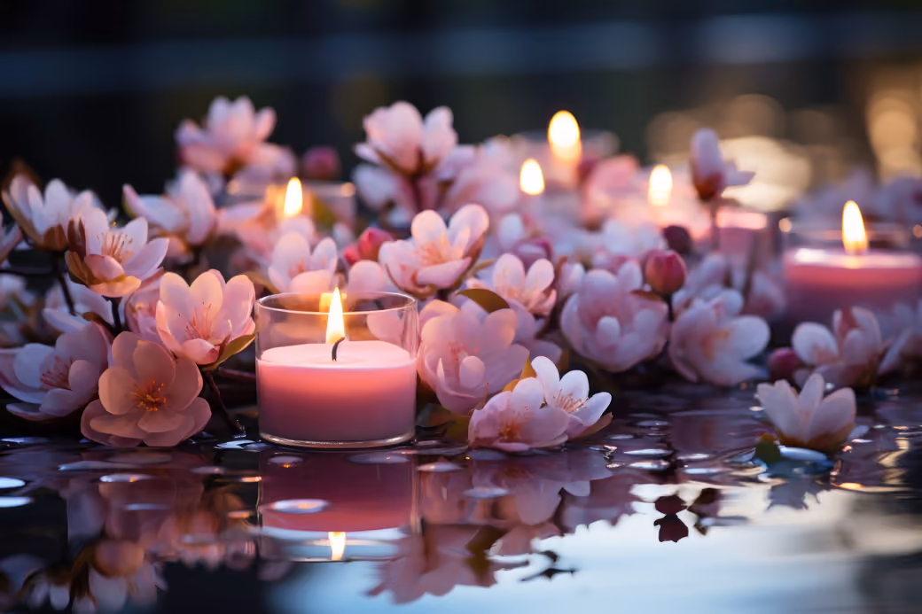 Pink candles with cherry blossoms — desktop and phone wallpaper, free download