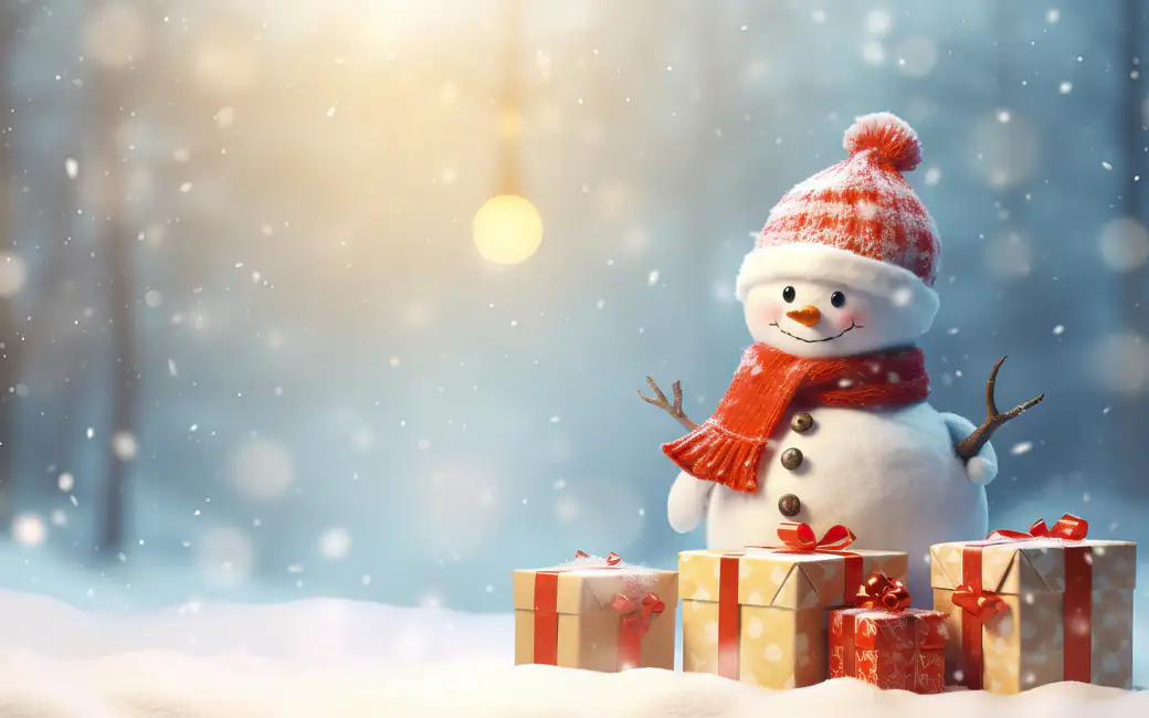 Festive snowman with gifts in the snow — desktop and phone wallpaper, free download