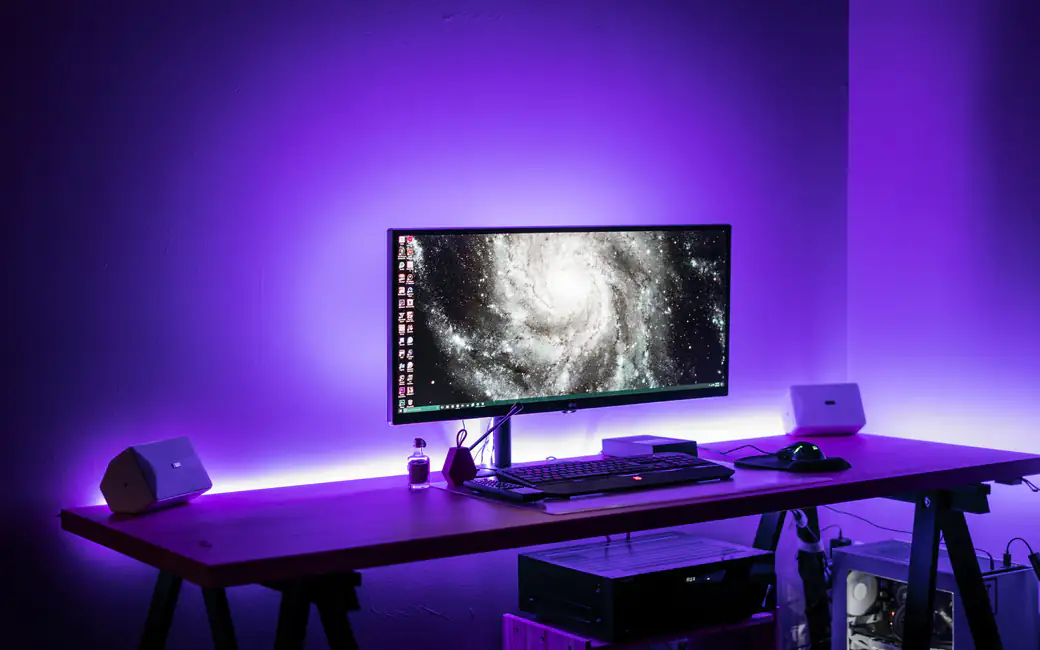 Workspace with RGB backlight — desktop and phone wallpaper, free download