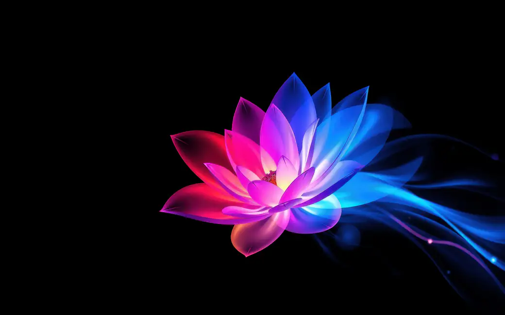 Neon lotus flower with glowing petals — desktop and phone wallpaper, free download