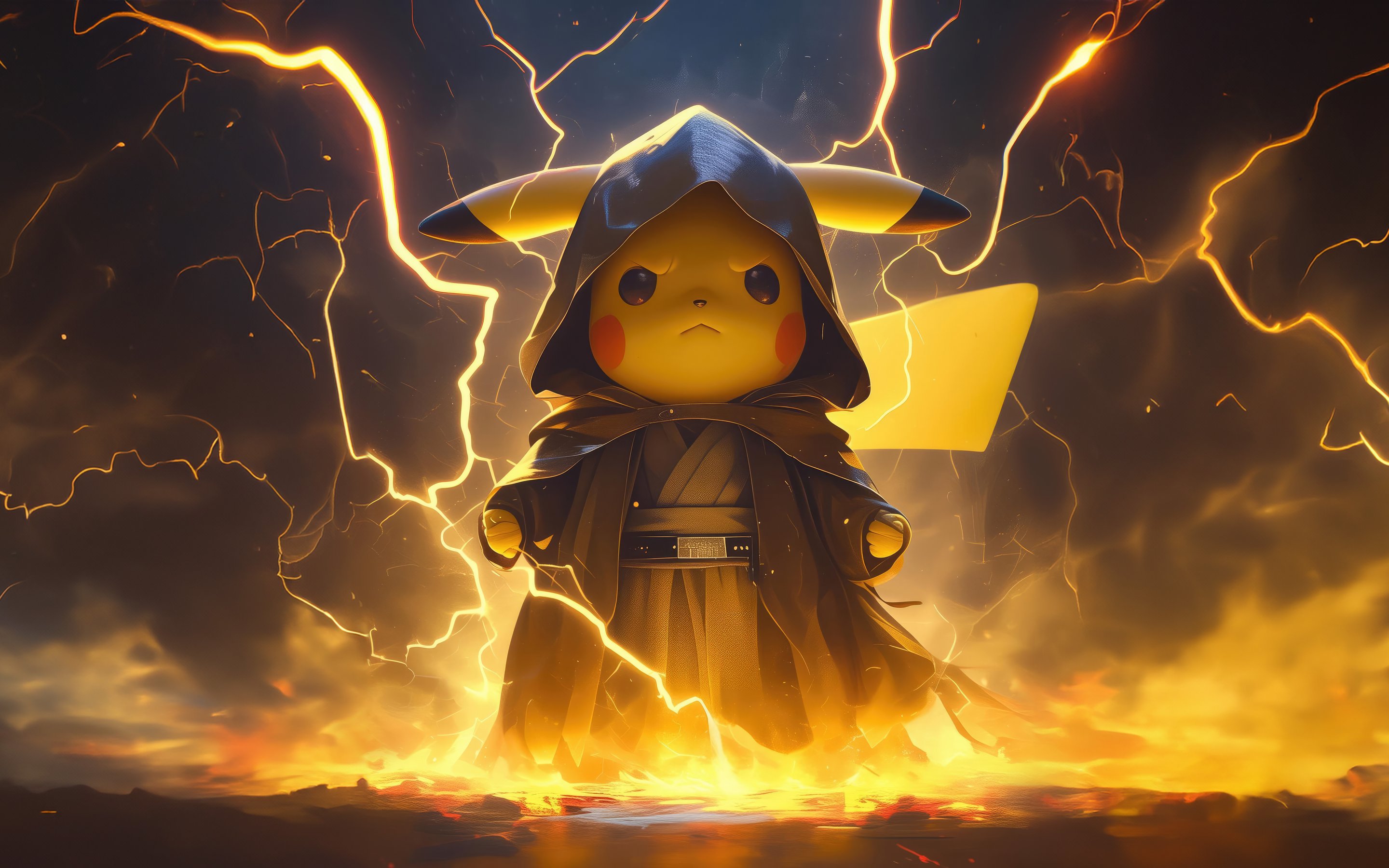 Pikachu in dark cloak with lightning aura - Wallpapers for Apple MacBook 15″ in 2880x1800 resolution