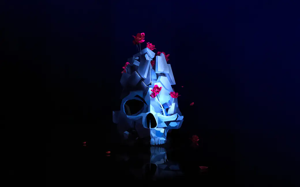Skull with blooming red flowers in dark — desktop and phone wallpaper, free download