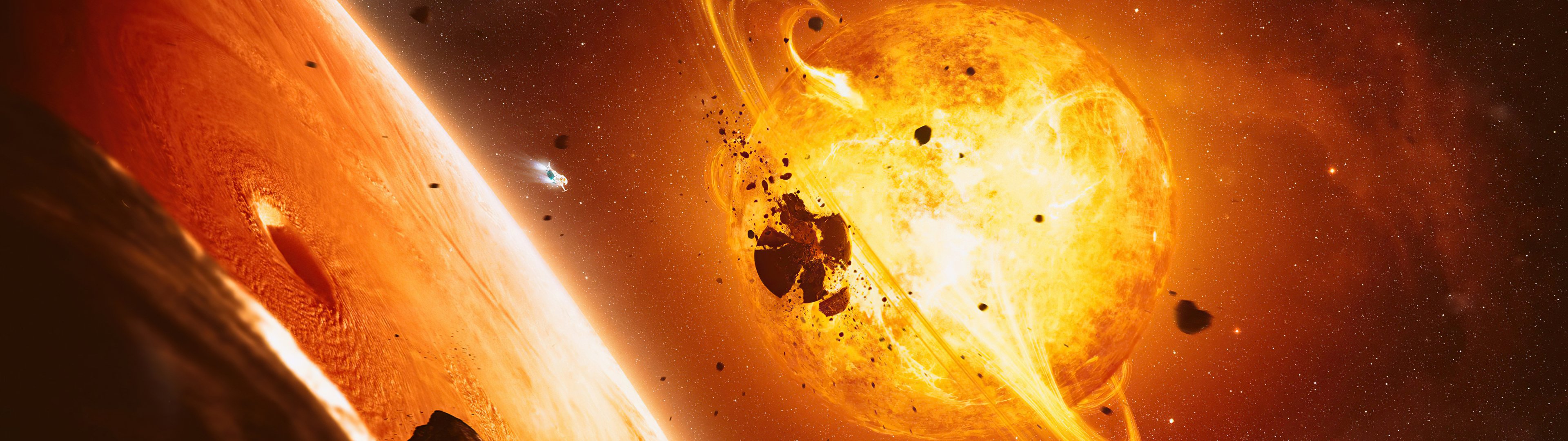 Explosive planetary collision in space - UltraWide 32:9 wallpapers in 3840x1080 resolution