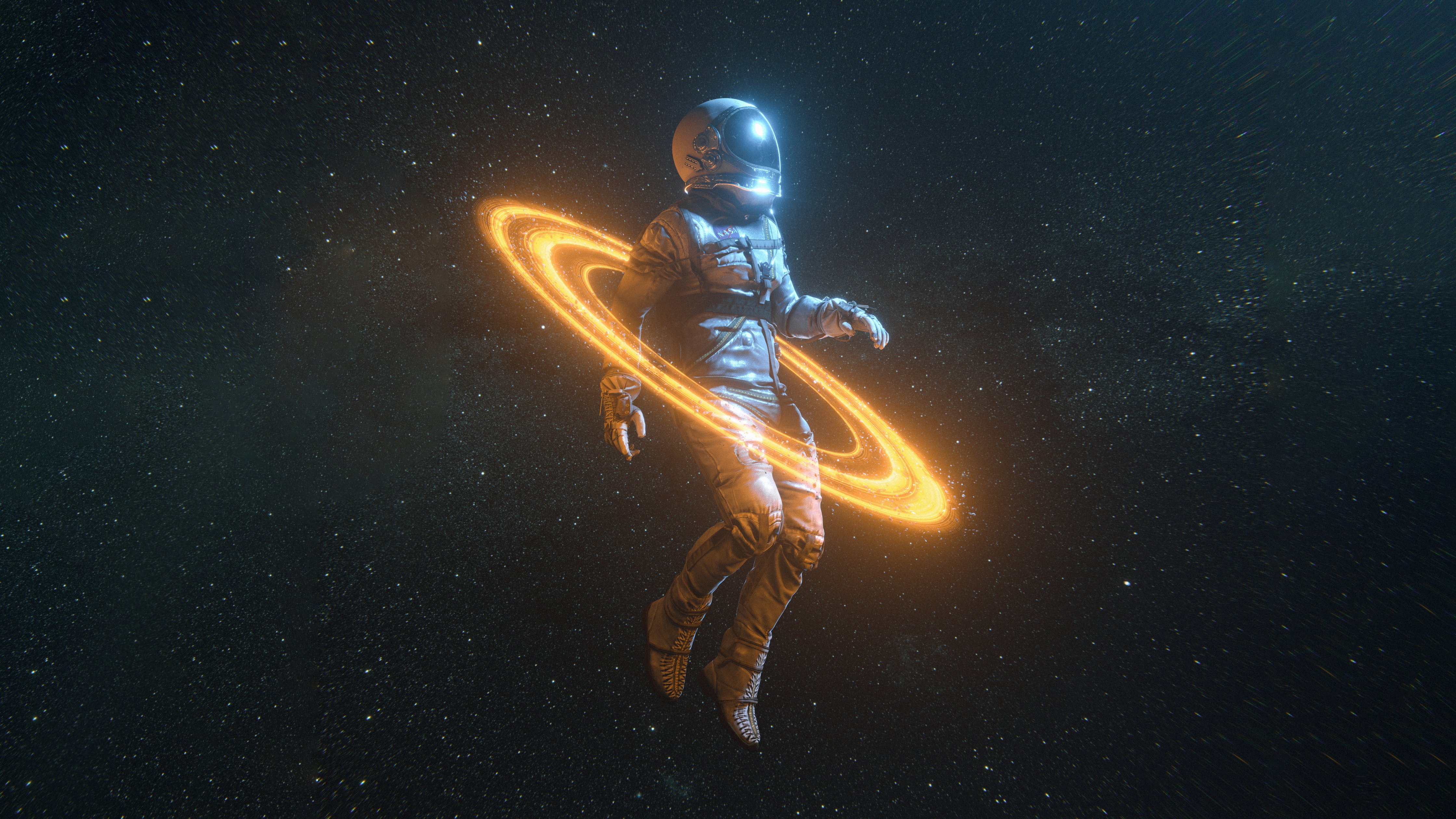 Astronaut surrounded by glowing ring in space - Wallpapers for Apple iMac 24″ in 4480x2520 resolution