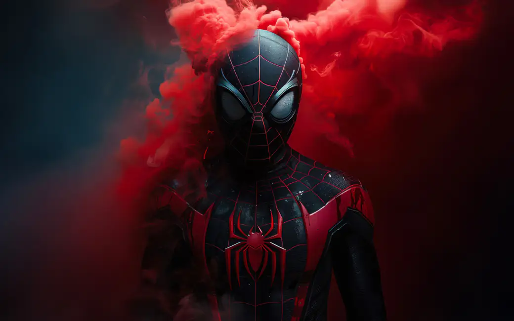 Miles Morales in a black and red suit — desktop and phone wallpaper, free download