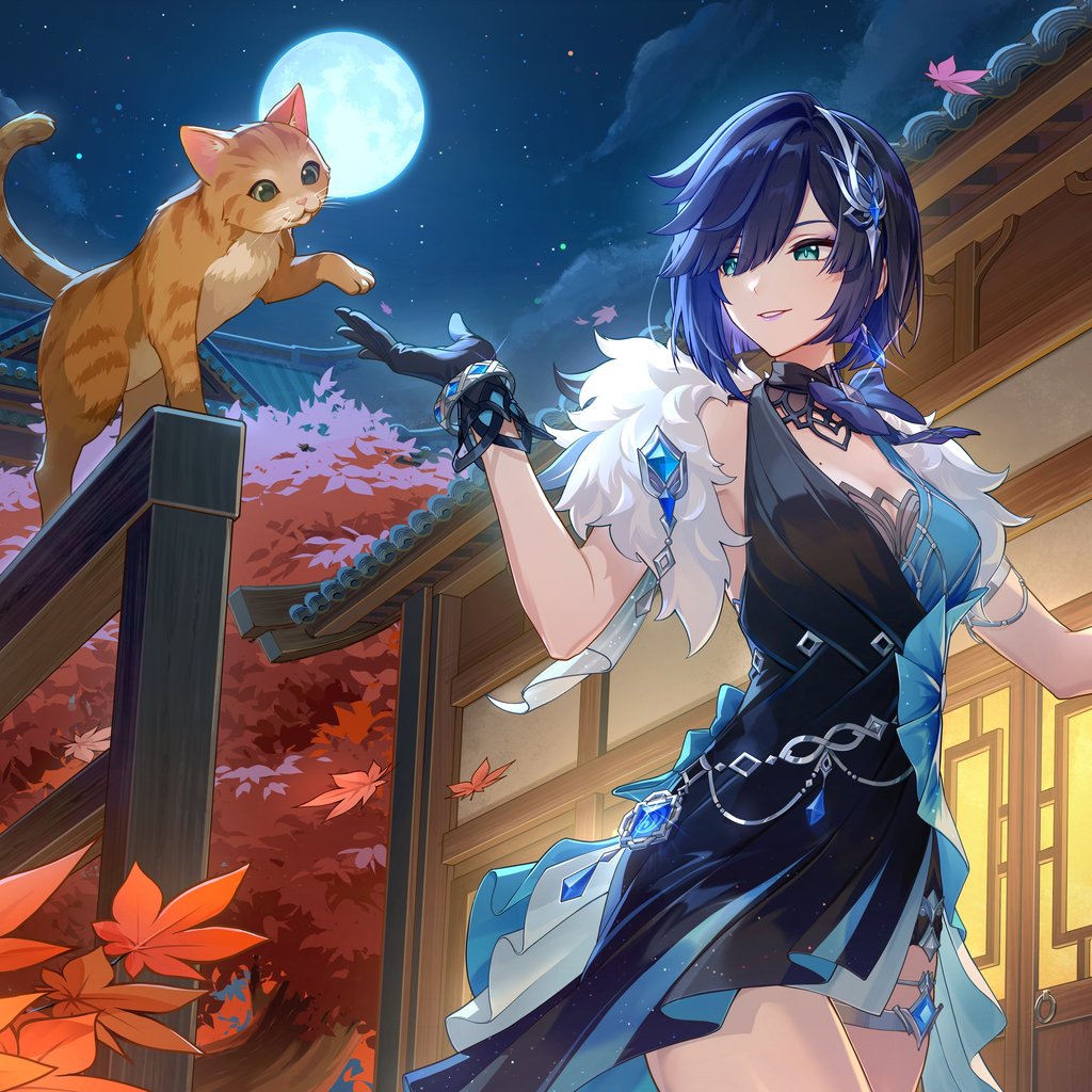 Yelan from Genshin Impact interacting with a cat - Wallpapers for Apple iPad 1 in 1024x1024 resolution