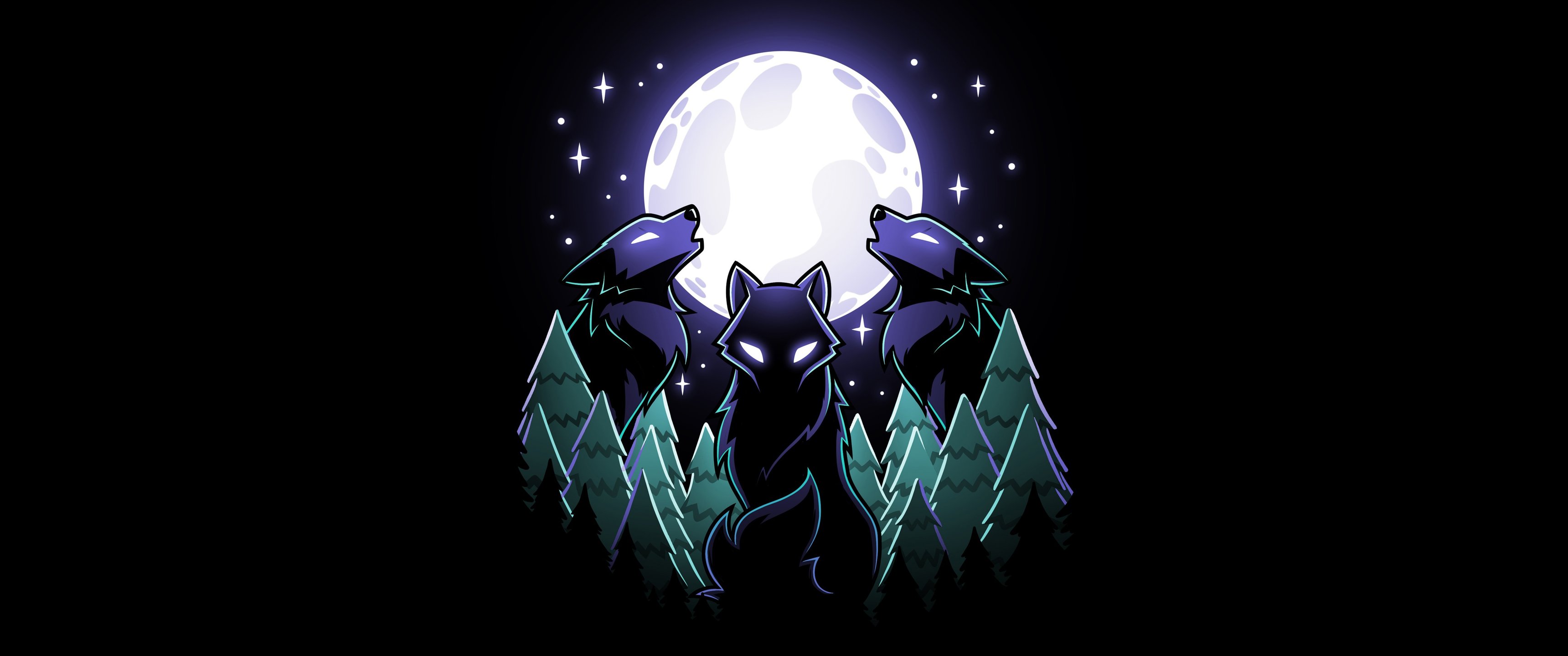 Three wolves howling under full moon - UltraWide 21:9 wallpapers in 3440x1440 resolution
